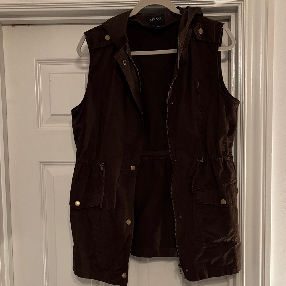 Zenana Outfitters Dark Brown Hooded Utility Vest